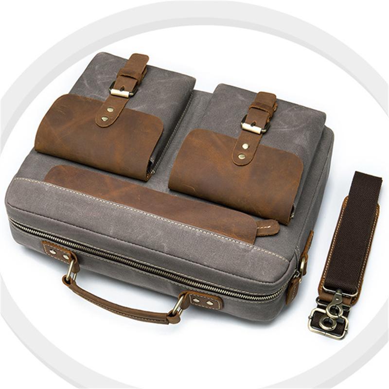 Men's Retro Handbag Leather Canvas Business 14 Inch Computer Bag Crossbody Bag
