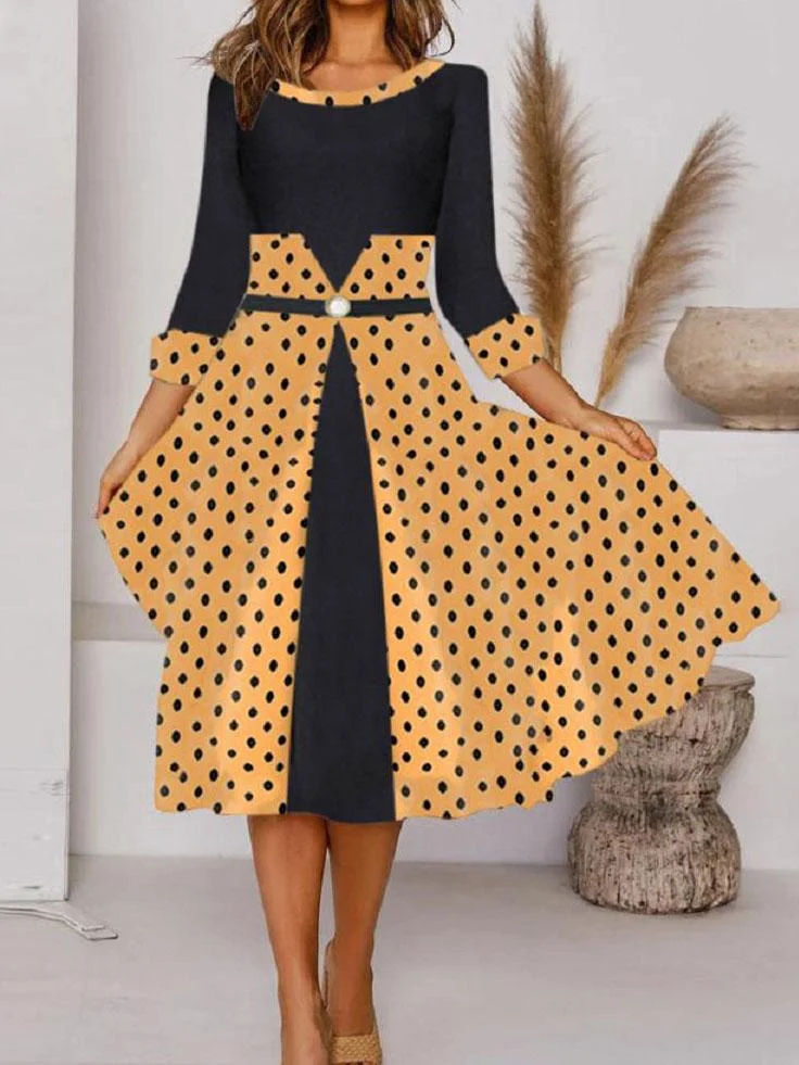 Women Long Sleeve Scoop Neck Printed Midi Dress