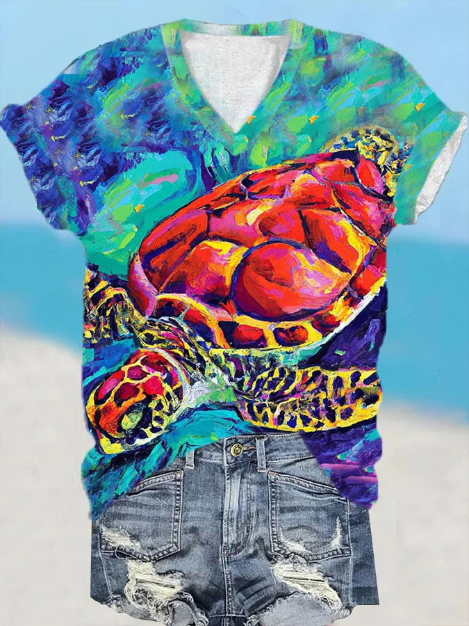 🔥Buy 3 Get 10% Off🔥Women's Oil Painted Turtle Print T-Shirt