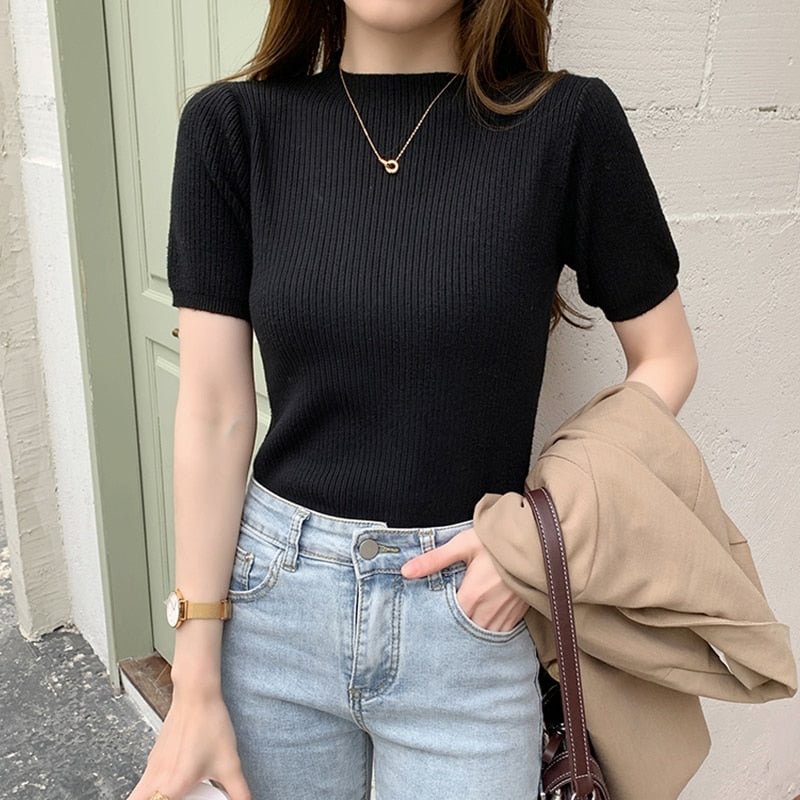 2021 Summer Knitted Thin Sweater Pullovers Korean Half Sleeve Turtleneck Sweater for Women Slim Jumper Tops Office Lady
