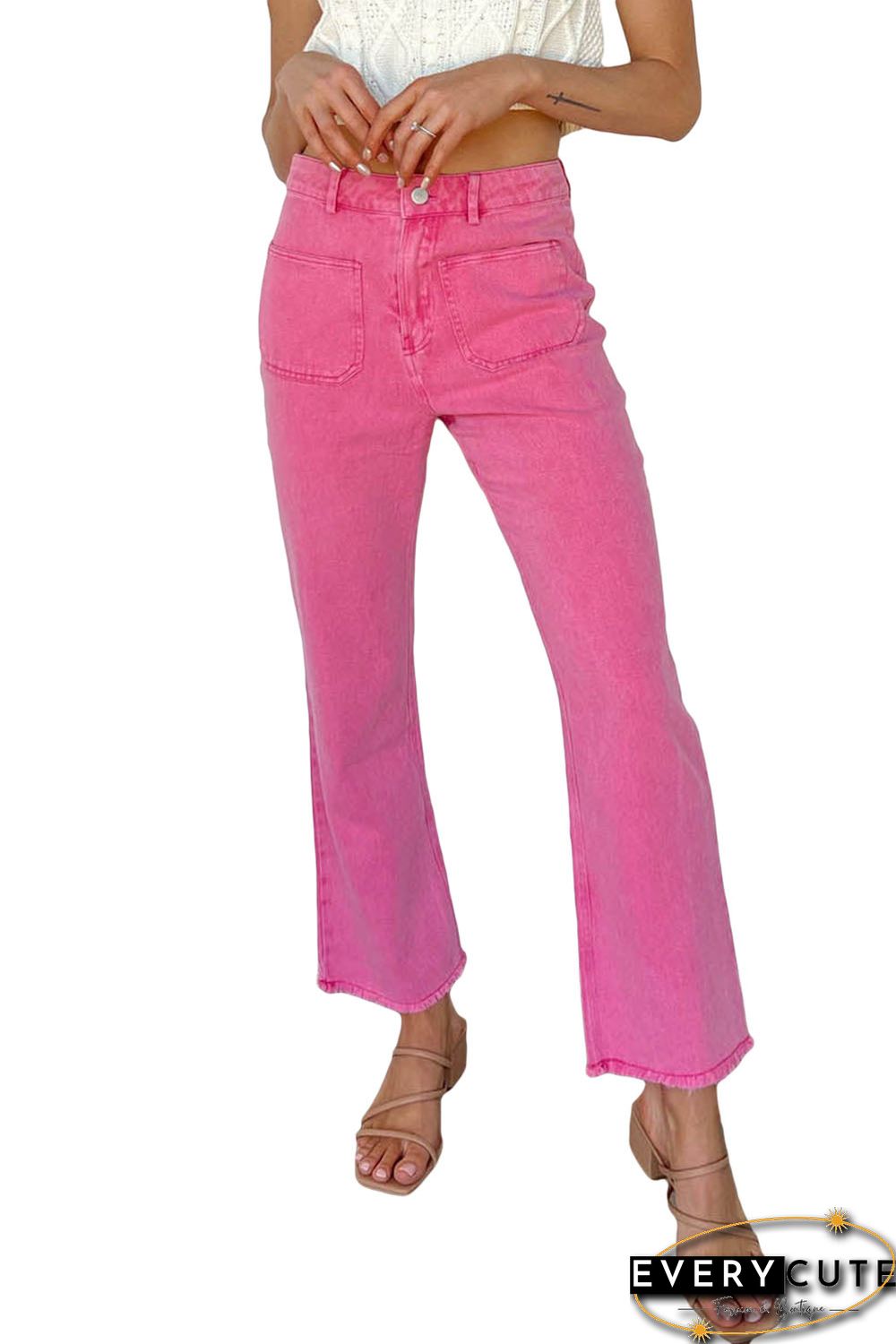 Pink Ankle-length Flare Leg Raw Hem Jeans