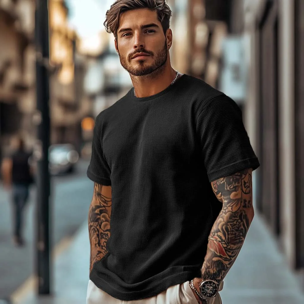Men's Vintage Waffle Knit T-Shirt-INSPIREUSE