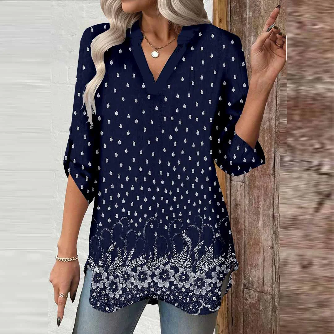 Women Floral, Polka Dots, Retro DZGA0755 3/4 Sleeve V-neck Printed Graphic Button Tops