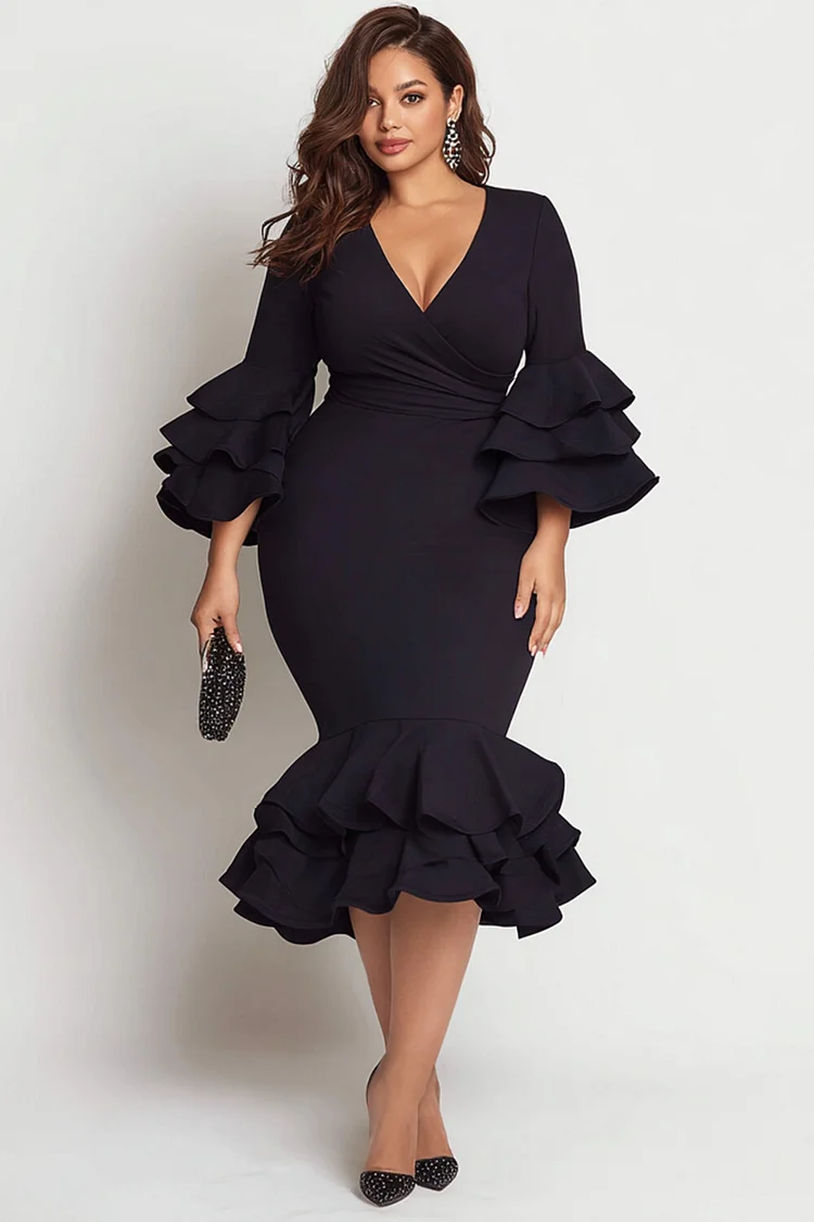 Xpluswear Design Plus Size Cocktail Party Black Wrap Neck 3/4 Sleeve Ruffle Bodycon Midi Dresses [Pre-Order] 2024 - Xpluswear