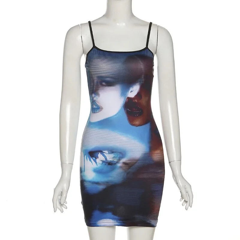 Nibber Y2K Fashion Tie-Dye Portrait Print Mini Dress Sleeveless Slim Design For Sexy Women Going Out Party Night Clubwear New