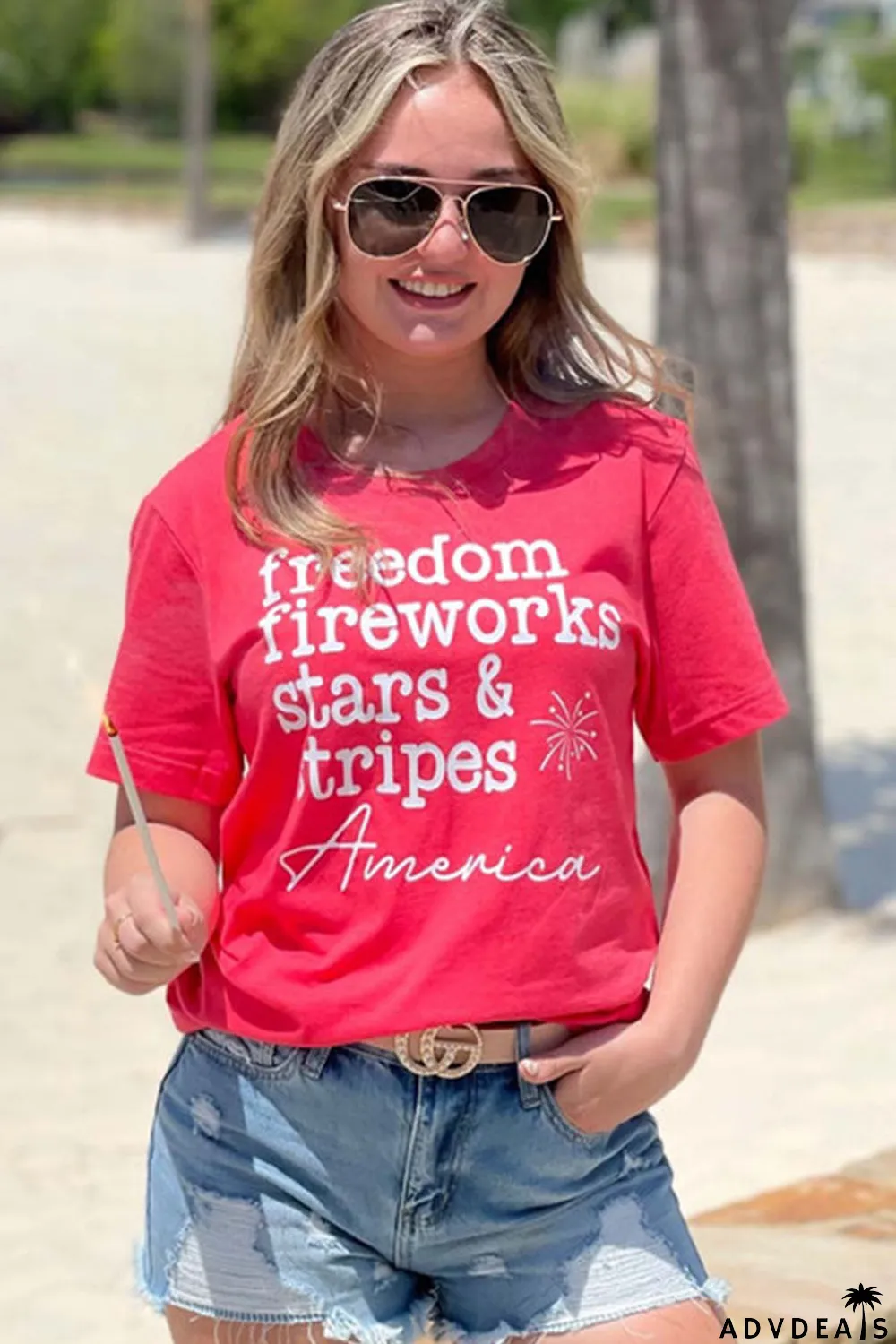 Red American Freedom Day Slogan Print T Shirt