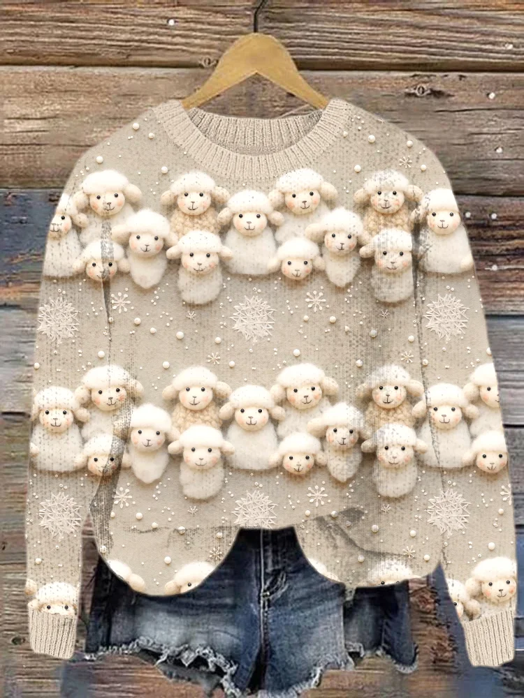 Felt Art Cute Sheep Casual Cozy Knit Sweater