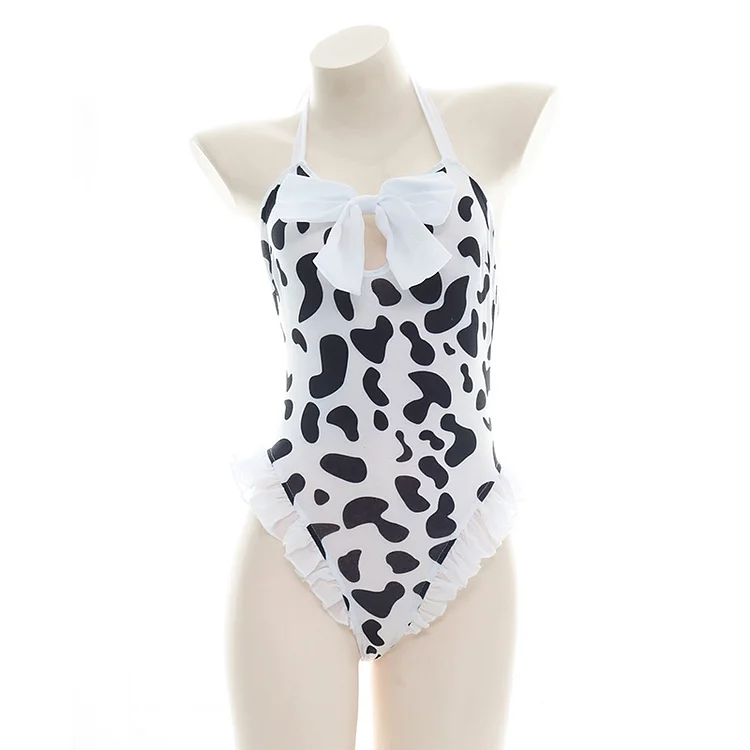 Bow Cow Print Ruffled Jumpsuits Lingerie - Modakawa Modakawa
