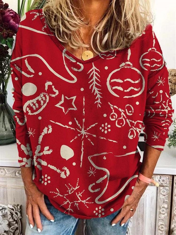 Women's Red Christmas Theme Long Sleeve V Neck Blouses