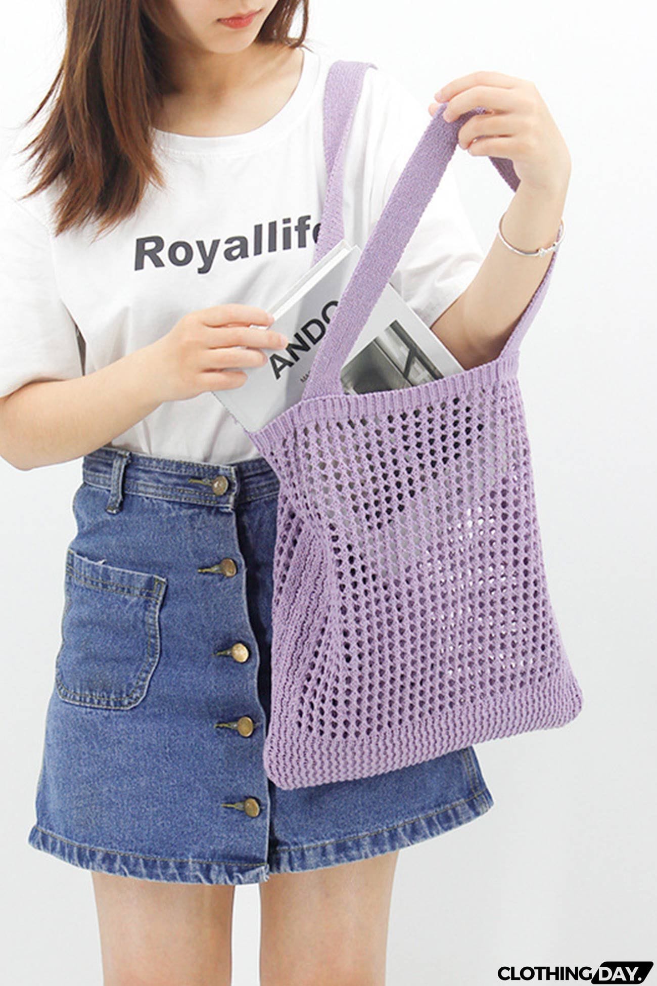 Solid Hollow-out Crochet Tote Bag