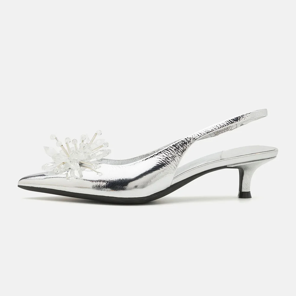 Silver Pointed Toe Kitten Heel Flower Rhinestone Slingback Pumps