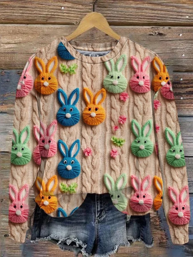 Women's Rabbit Seamless Knitted Print Casual Sweatshirt
