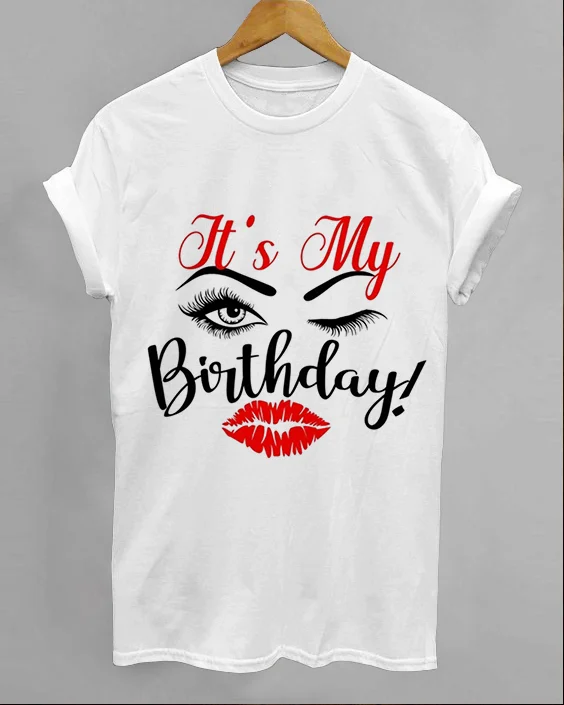 Its My Birthday Eyelash Lips Print Cotton Crew Neck Short Sleeve Shirt