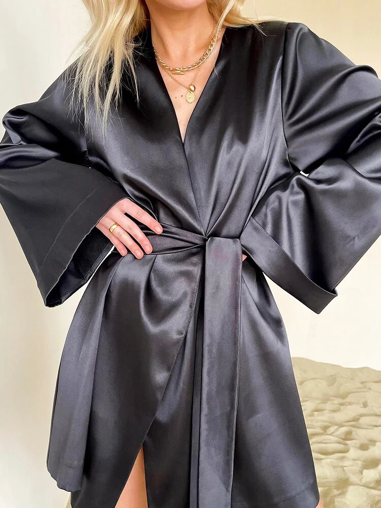 Toloer Flare Sleeve Women Wrap Dress Lace-Up Party Black Dress Satin V-Neck Ladies Flowing Casual Dress Spring 2023 Female