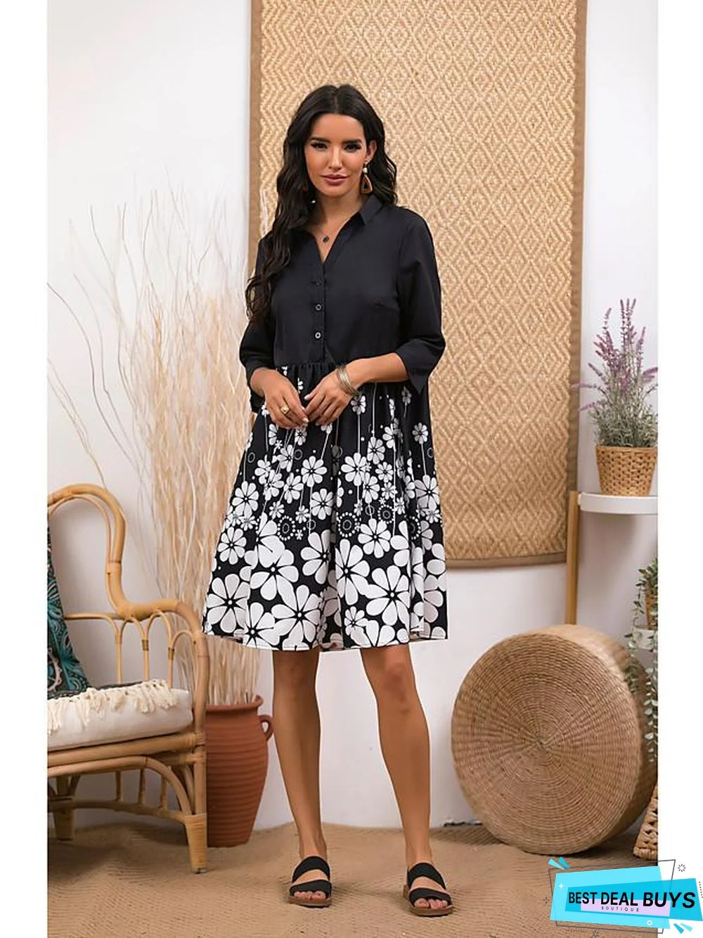 Women's Shift Dress Short Mini Dress - Half Sleeve Black & White Floral Print Summer V Neck Casual Black Black Dresses