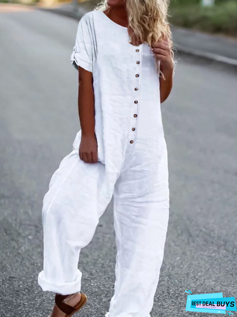 Women's Fashion Short Sleeve Loosen Jumpsuit Rompers Slacks Wide Leg Full Length Pants Button