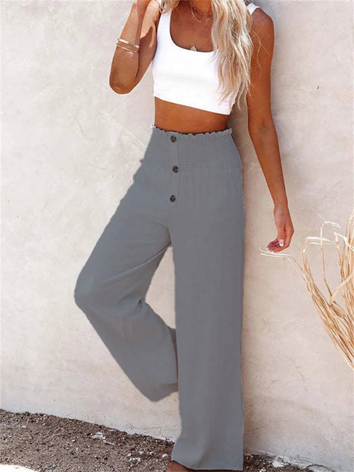 Women's Spring and Summer New Women's Pants Solid Color Cotton and Linen Elastic Loose Casual Wide-legged Women's Pants-JRSEE