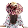 2 in 1 Bamboo Foldable Hand Fan Sun Hat Floral Printed Chinese Style Handheld Foldable Wide Brim Hat for Women Outdoor Beach Travel Accessory