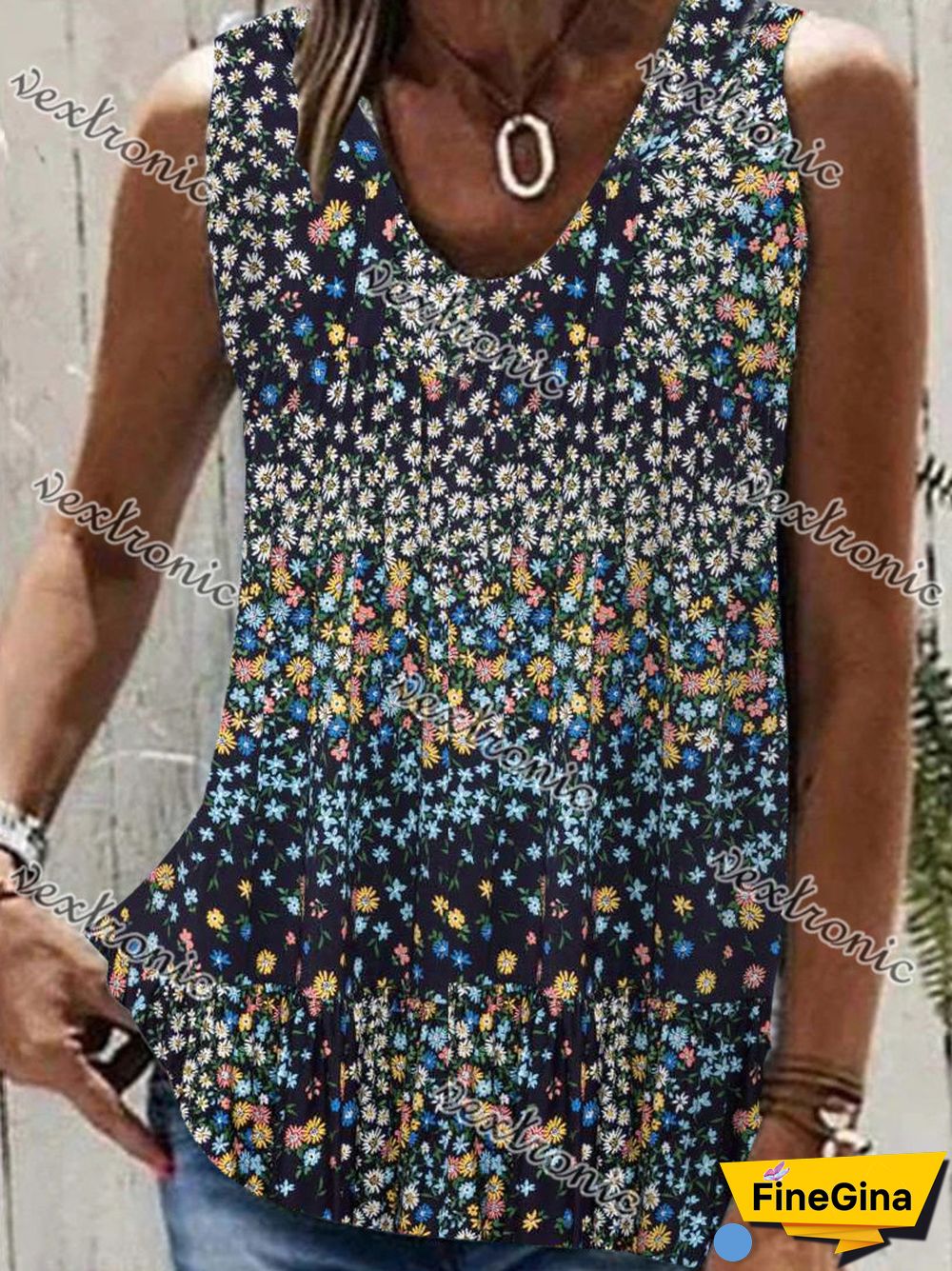 Women Sleeveless V-neck Floral Printed Graphic Top