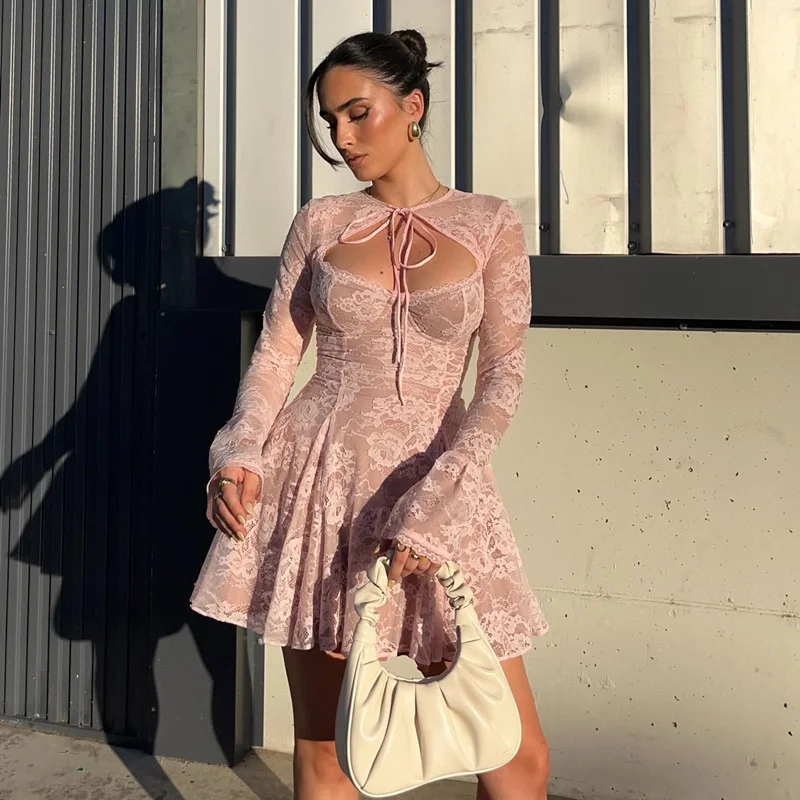 Uveng Uveng 2024 New Fashion Sexy Lace Pink Vest Horn Sleeve Halter Skirt Suit Girl