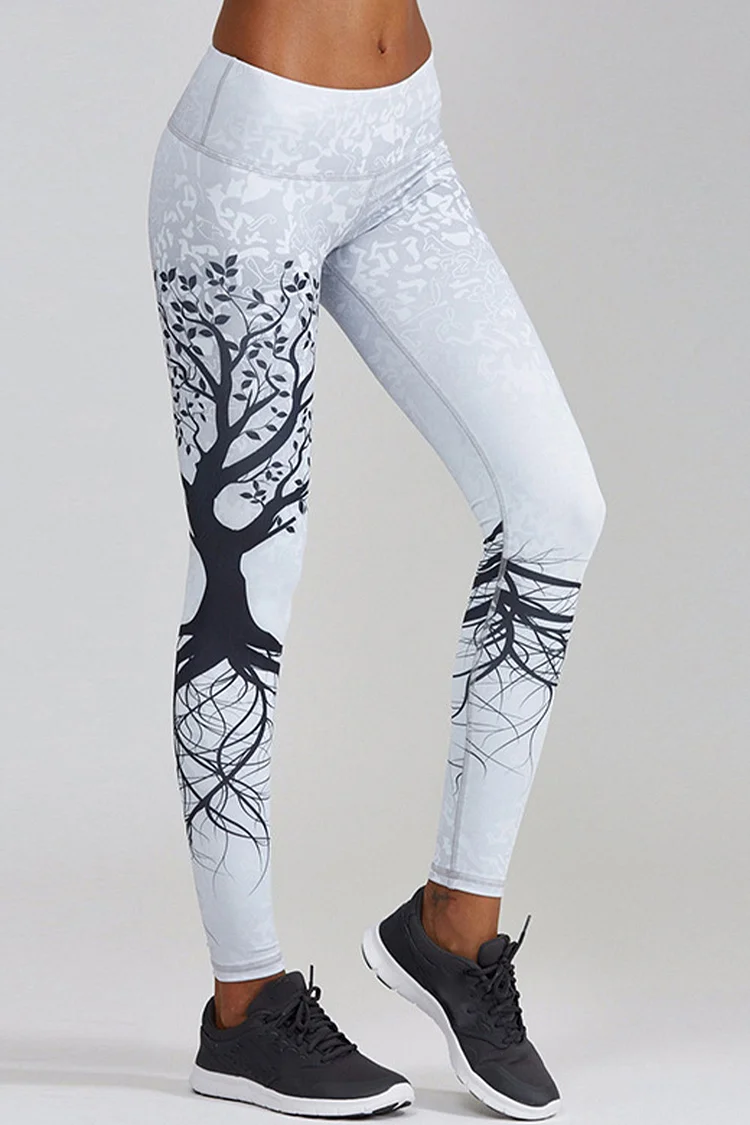 Gothic White Yoga Branches Print Fast Dry Skinny Leggings