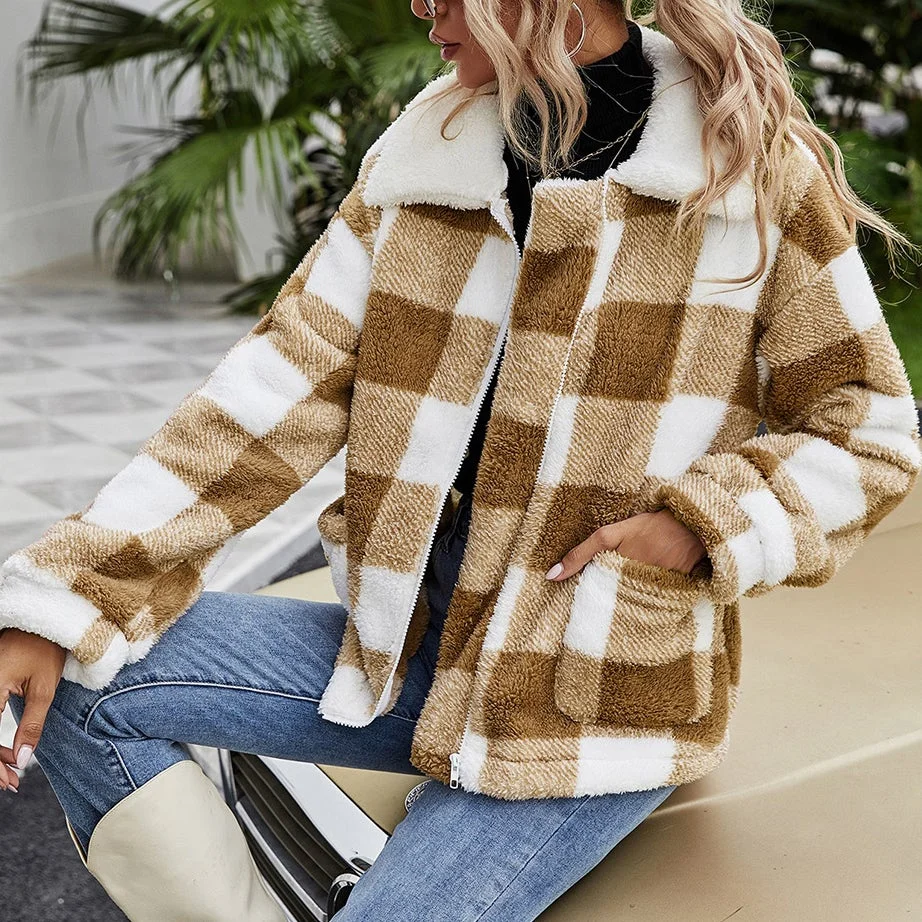 Women's Cardigan Lapel Plush Plaid Jacket
