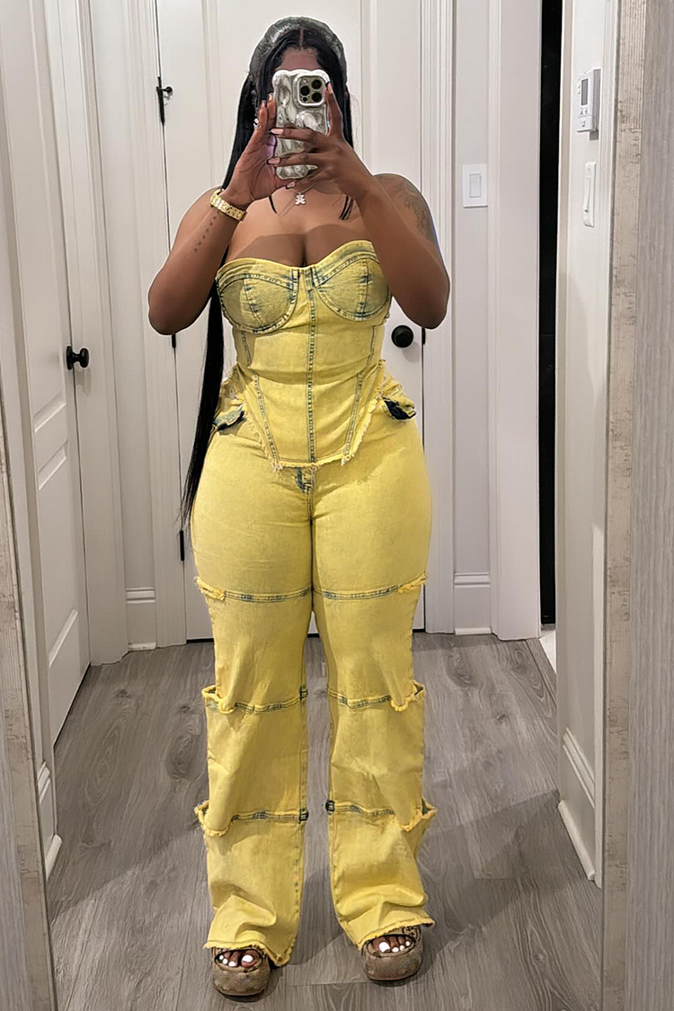 Denim Strapless Irregular Top Cutout Pants Matching Set-Yellow