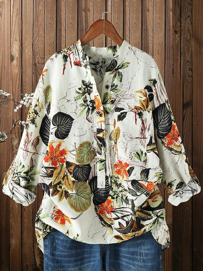 Leaves Floral Print Button Pocket Front Long Sleeve Vintage Shirt