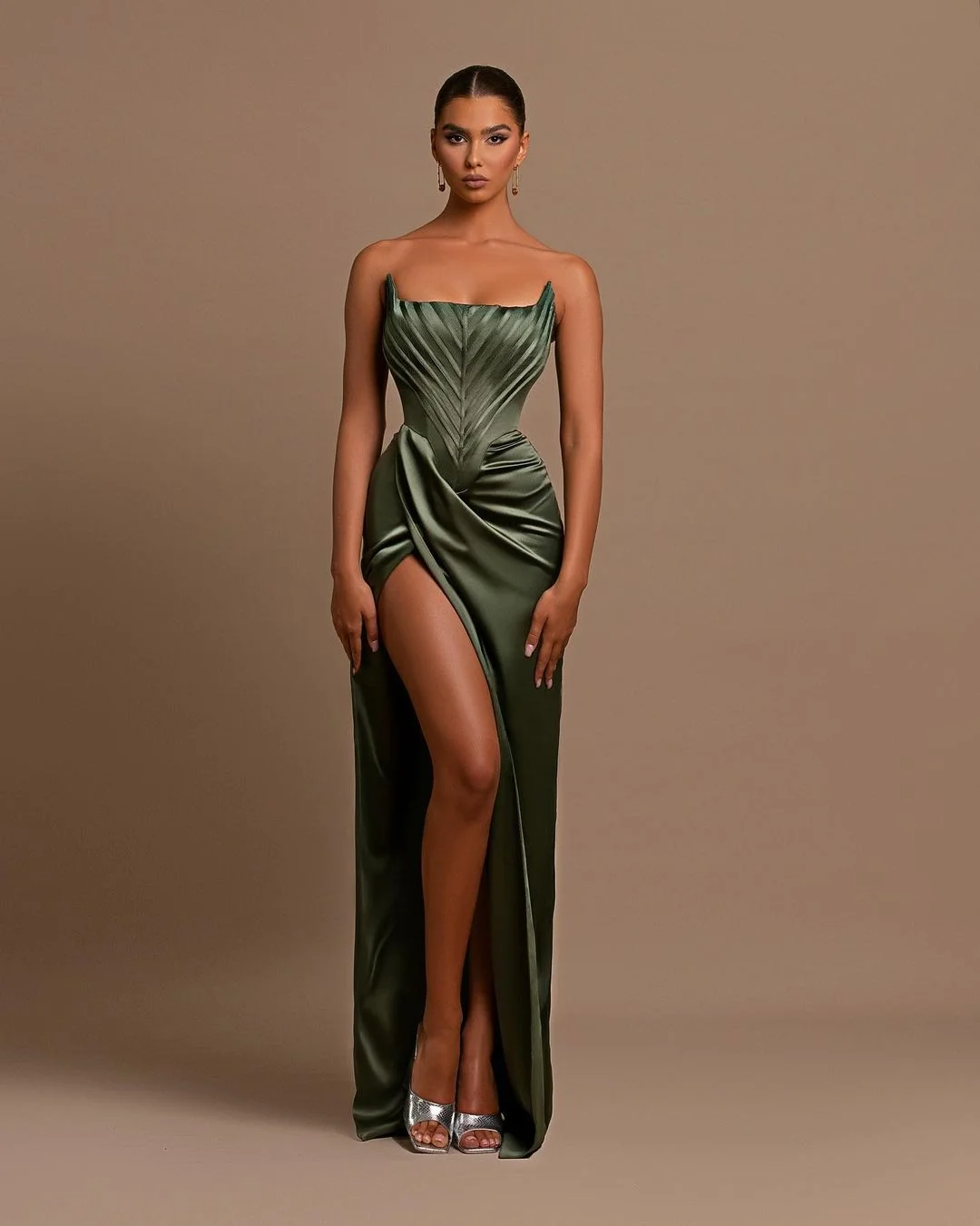 Miabel Elegant Dark Green Square Neck Slit Sleeveless Prom Dress With Pleats