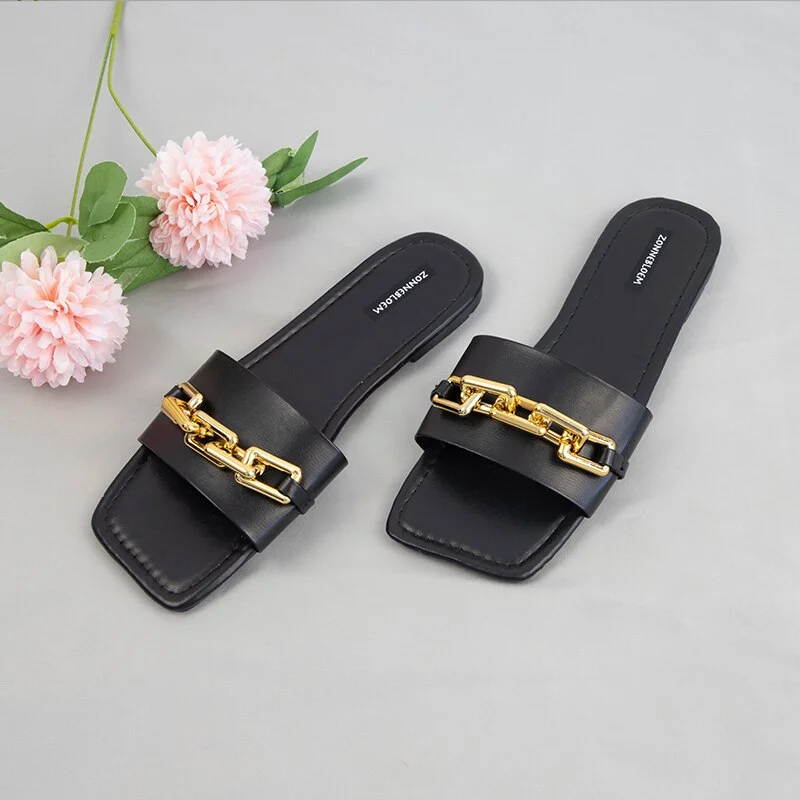 Qengg Size 2022 Summer Outside Shoes Women Sandals Fashion Chain Ladies Slides Flat Breathable Beach Shoes Designer Slippers