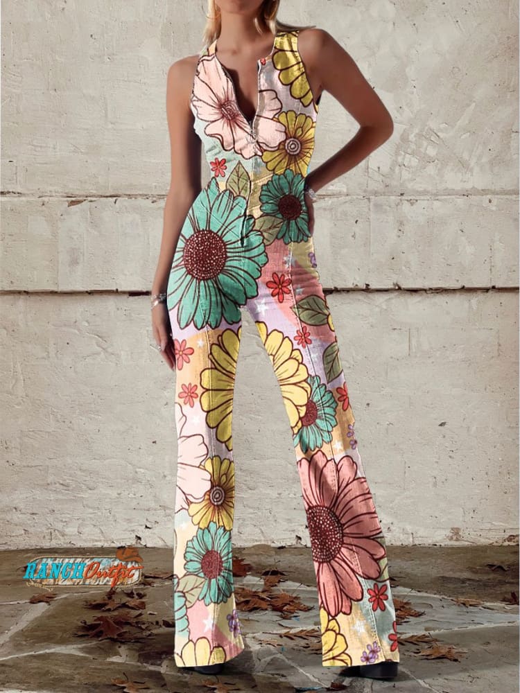 Women’s Vintage Flowers Print Casual Denim Jumpsuit Multicolor / Xs