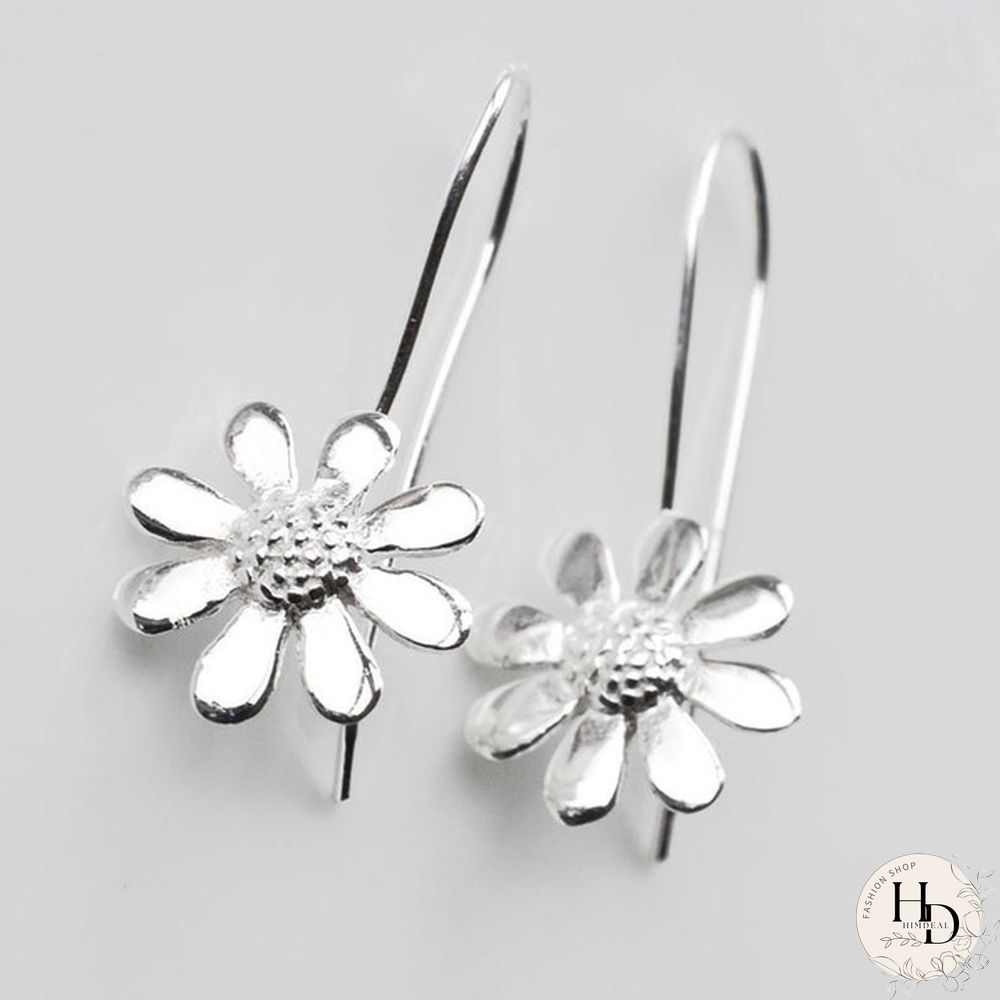 Fashion Simple 925 Sterling Silver Botanical Daisy Pendant Earrings Long Flower Dangle