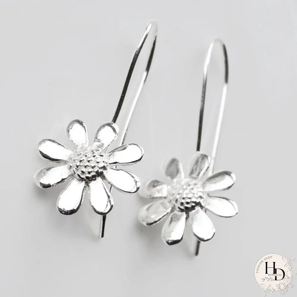 Fashion Simple 925 Sterling Silver Botanical Daisy Pendant Earrings Long Flower Dangle