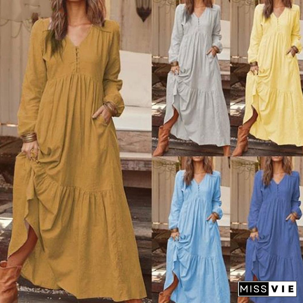 Autumn and Winter Women's Fashion Casual Button Retro Long-sleeved Dress