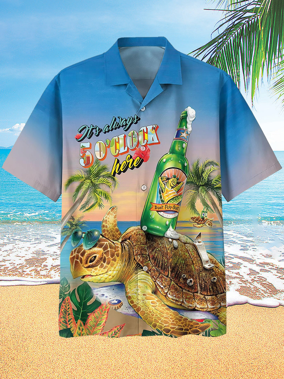 Hawaiian Turtle Party & Beer Print Holiday Men's Short Sleeve Shirt PLUSCLOTHESMAN