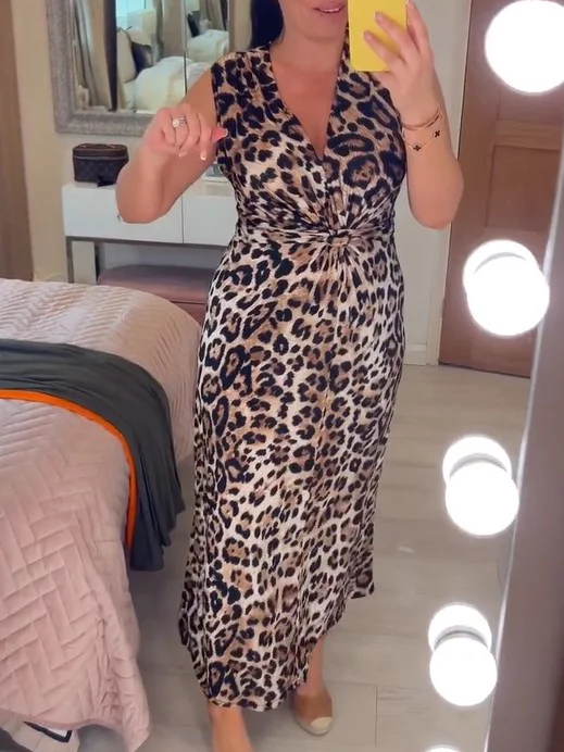 Leopard Print V-Neck Neck Long Dress