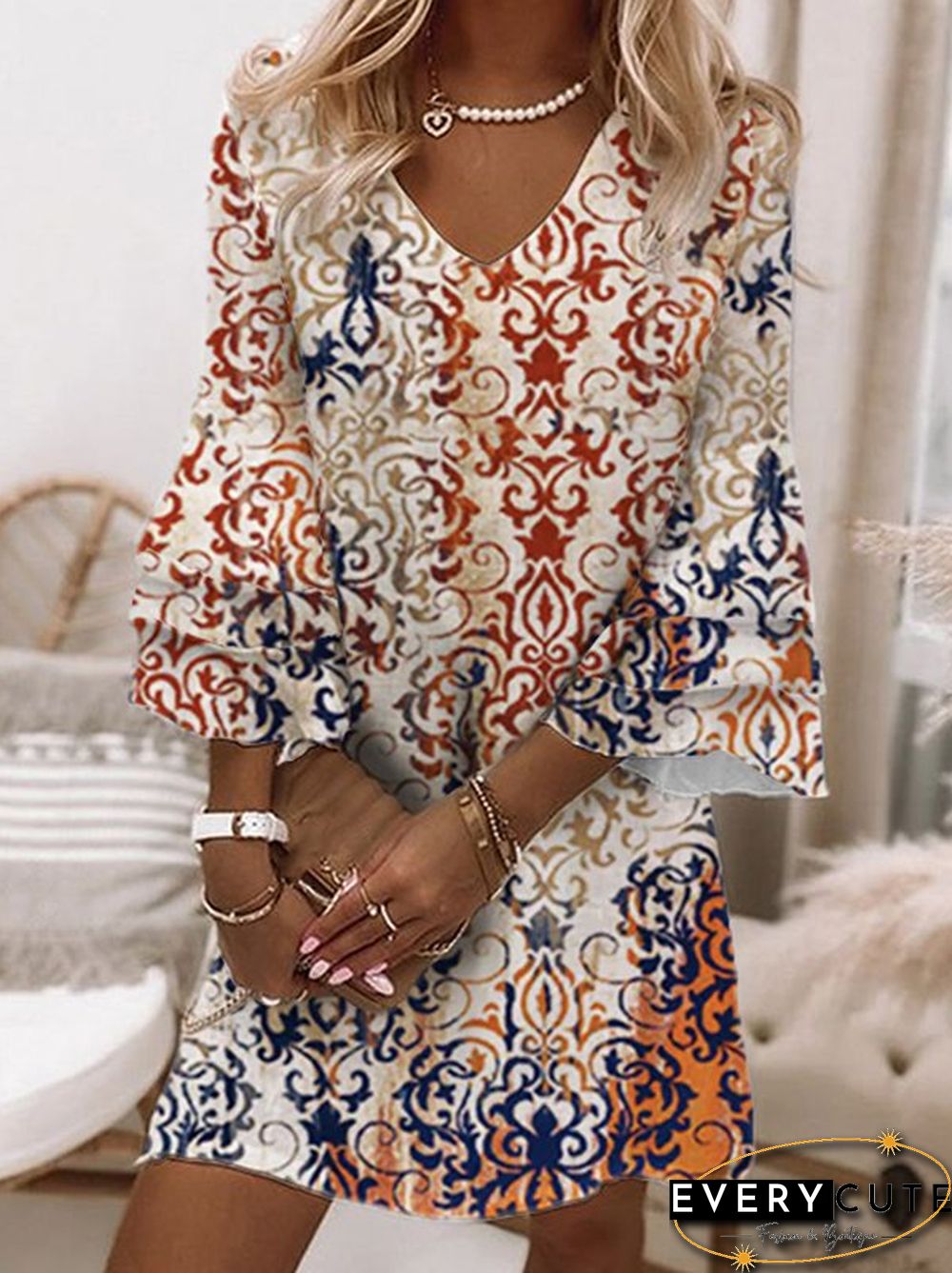 Ethnic V Neck Casual Dresses