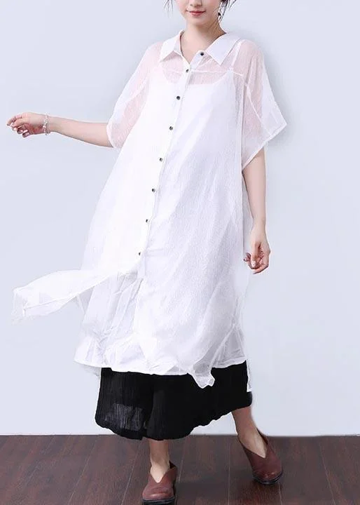 Bohemian Cotton Quilting Clothes Summer Dresses Button Elbow Sleeves Women White Dress