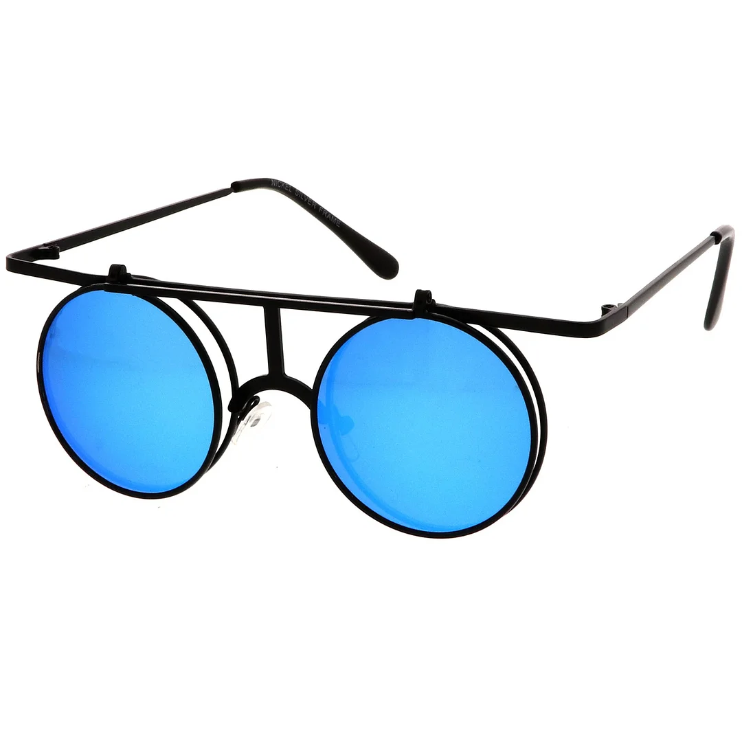 Steampunk Flip Up Cover Flat Top Colored Mirror Clear Lens Round glasses 44mm
