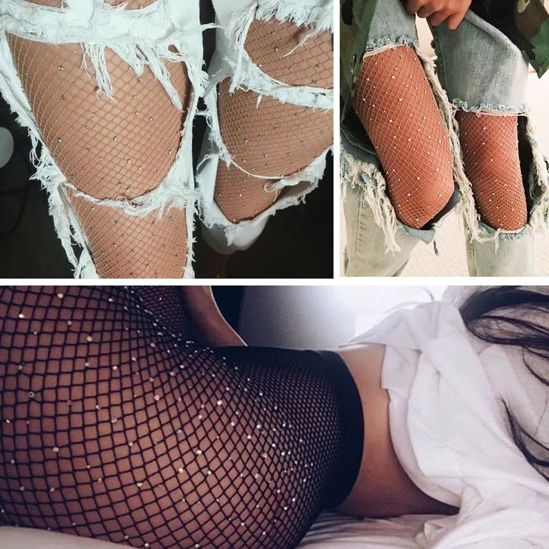 Sexy Fashion Fishnet Diamond Pantyhose Women Shiny Fish Net Tights Female Slim Rhinestone Mesh Nylon Stockings Tights