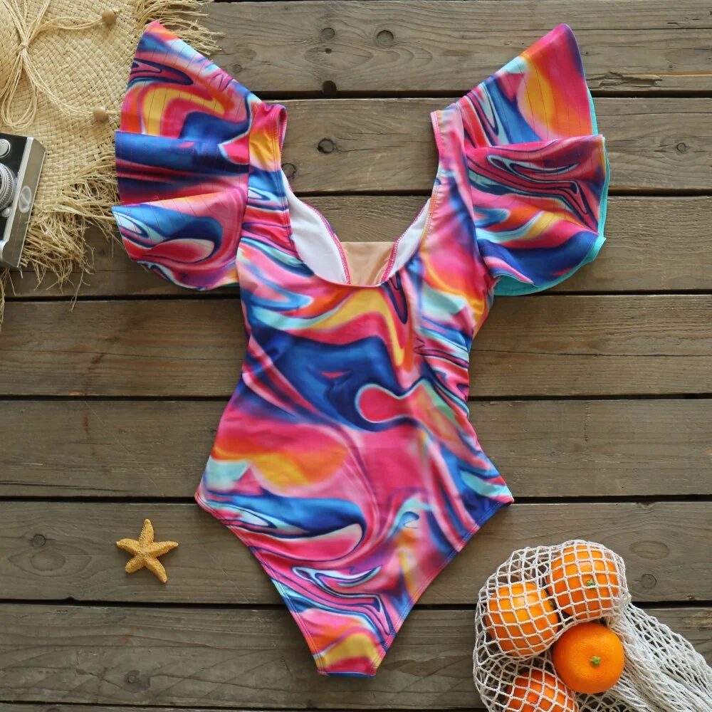 2022 New Sexy Ruffle Print Floral One Piece Swimsuit Swimwear Women Solid Deep-V Beach Wear Bathing Suit Summer Monkini