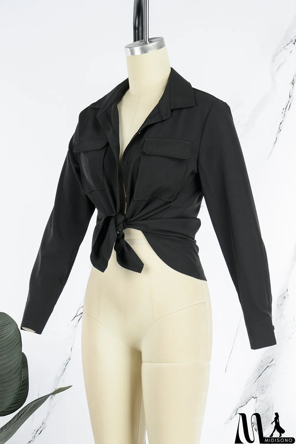 MidiSono - Brown Casual Solid Patchwork Buckle Turndown Collar Tops