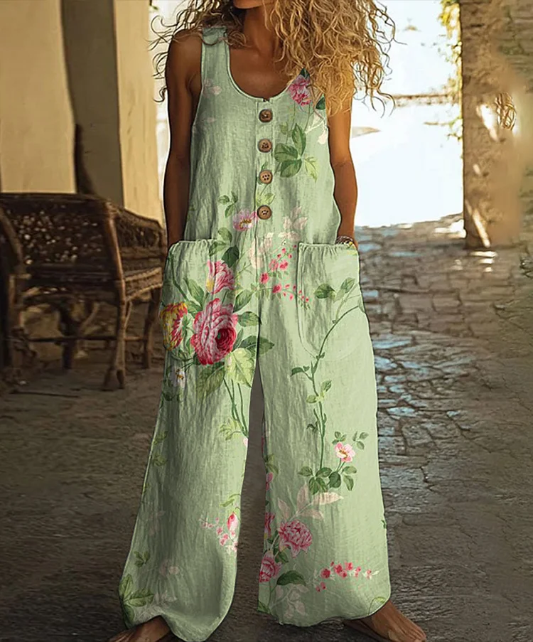 Vintage Floral Print Casual Wide-leg Jumpsuit