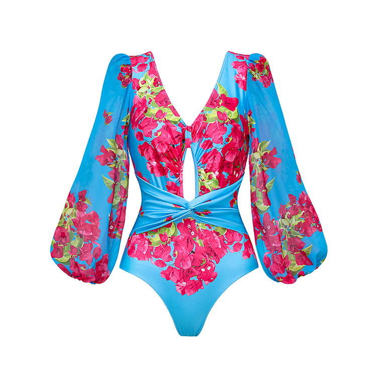 Long-sleeved shoulder strap Pink Bougainvillea Flower Printed One Piece Swimsuit and Skirt Flaxmaker