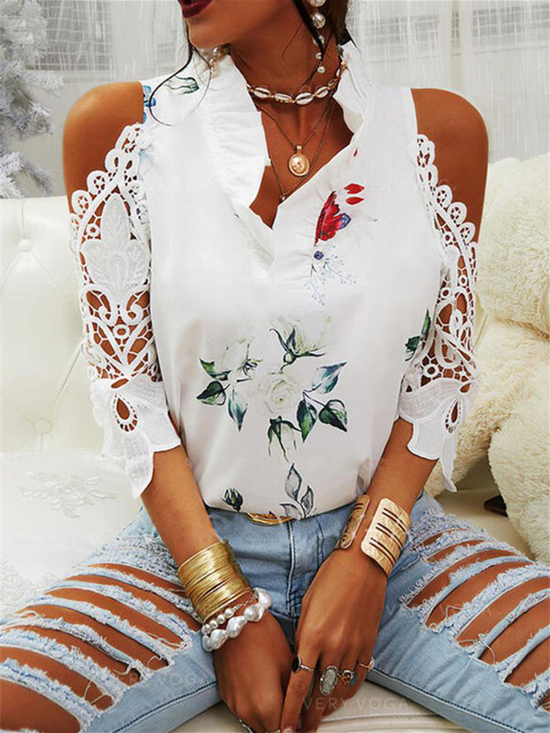 Women Long Sleeve V-neck Graphic Floral Printed Top
