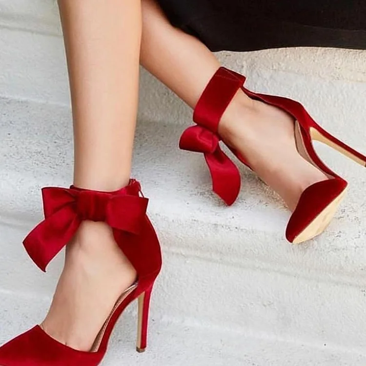 Red Satin Bow Ankle Strap Stiletto Heel Prom Shoes Vdcoo
