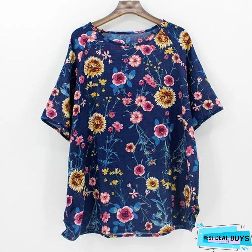 Plus Size Women Batwing Casual Tops Tees Floral Print Cotton Linen Blouses