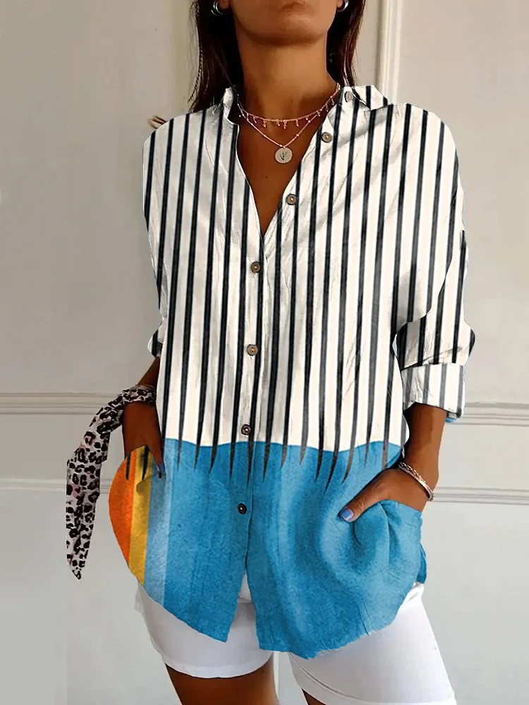 Vintage Bohemian Striped Abstract Art Long Sleeve Shirt