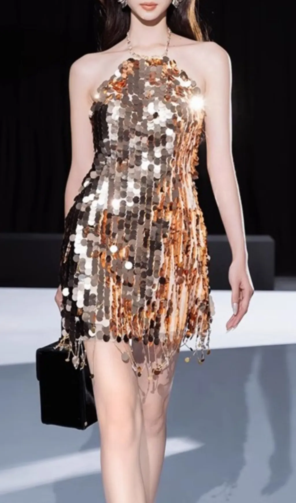 gold sequin open back mini dress Fran Gold Sequin Contrast Party Mini Dress - US 14 main image 1