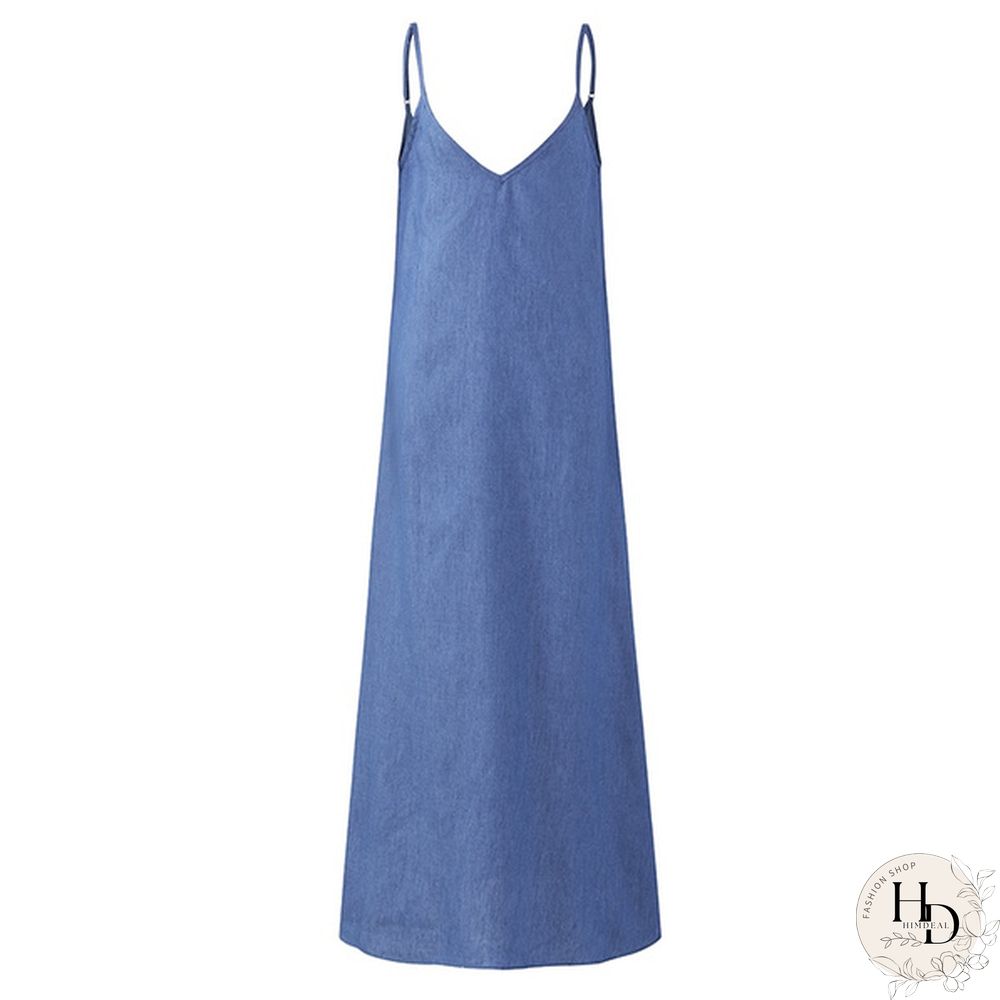 S-5XL Women Sexy Sleeveless Spaghetti Straps Denim Color Maxi Dress Summer Holiday Beach Sundress
